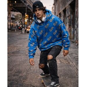 Alien Frens GM Blue All Over Print Hoodie Mens XXL 100% Cotton Streetwear